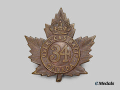 Canada, CEF. A 34th Infantry Battalion Cap Badge, Type I with "34" within a circle