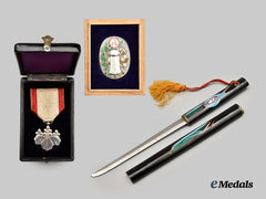 Japan, Empire. A Lot of Two Medals and Awards with Miniature Seki Letter Opener Sword