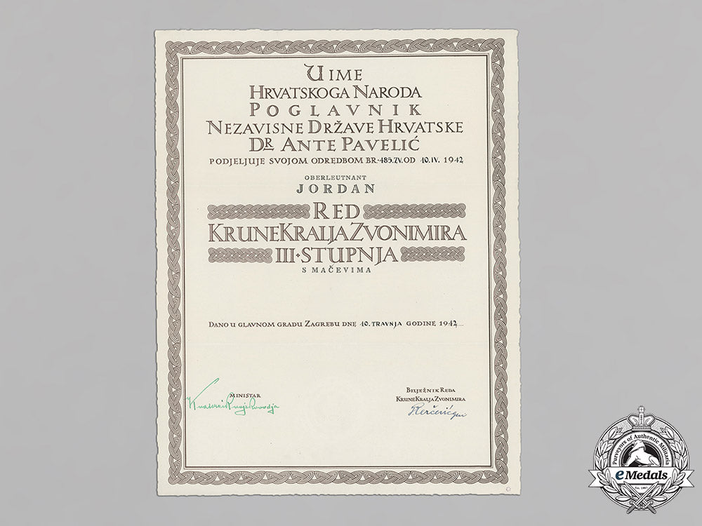 croatia._a_formal_croatian_document_for_the_award_of_the_king_zvonimir_order,_third_class_with_swords_c18-018480