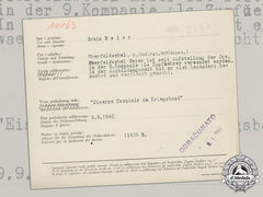 Germany, Heer. A Croatian Iron Zvonimir Medal Award Document To Oberfeldwebel Erwin Meier