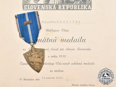 Slovakia, I Republic. A Defence Of Slovakia Medal, Type I With Award Document