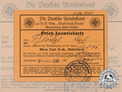 A 1938 German Labour Front Id Card; Opel Automobile Worker