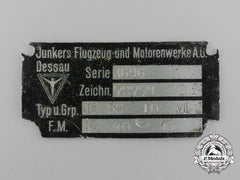 A Junkers Dessau Flugzeug Und Motorenwerke A.g Airplane Data Plate