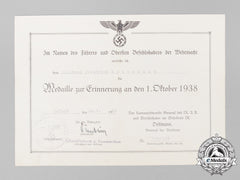 A Sudetenland Medal Award Certificate To Schütze Friedrich Heinemann