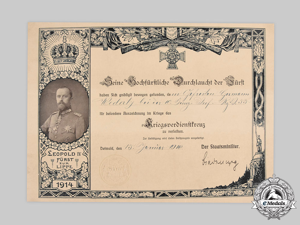 germany,_imperial._a_lippe_war_merit_cross_certificate_to_gefreiter_wederty,1916__emd2302_c20_01836