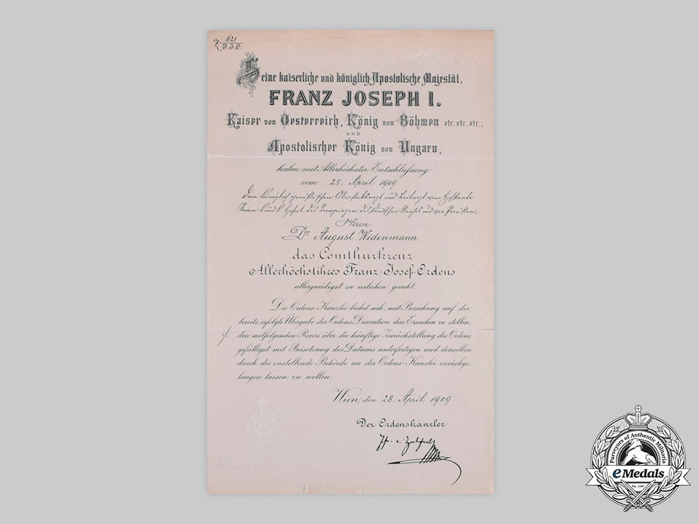 austria,_imperial._a_franz_joseph_order_commander’s_cross_document_to_doctor_of_crown_prince_of_prussia,1909__emd2380_c20_01896