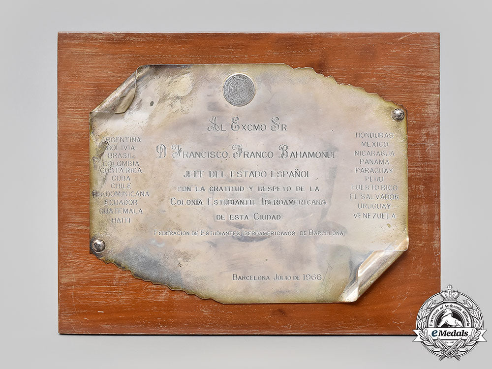 spain,_spanish_state._a1966_federation_of_ibero-_american_students_gratitude_plaque_to_francisco_franco_l22_mnc5047_444