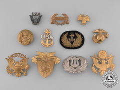 United States. Lot Of Eleven Army, Navy, Marine Corps And Rotc Cap Badges