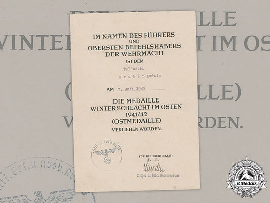 germany,_heer._an_eastern_front_medal_award_document_to_feldwebel_ludwig_gruber,1942_m19_2162