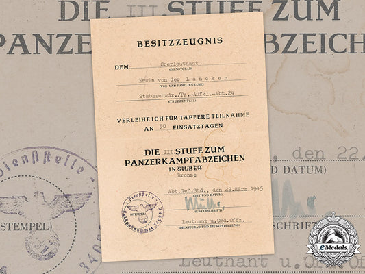 germany,_heer._a_panzer_badge_iii_grade_award_document_for_oberleutnant_erwin_von_der_lancken_m19_2501