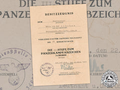 Germany, Heer. A Panzer Badge Iii Grade Award Document For Oberleutnant Erwin Von Der Lancken