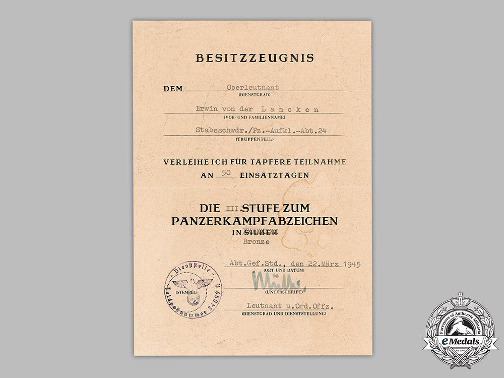 germany,_heer._a_panzer_badge_iii_grade_award_document_for_oberleutnant_erwin_von_der_lancken_m19_2502