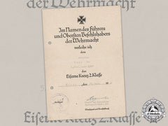 Germany, Heer. An Ek2 Award Document To Defender Of Fortress Brest Signed By Oak Leaves Recipient Oberst Pietzonka