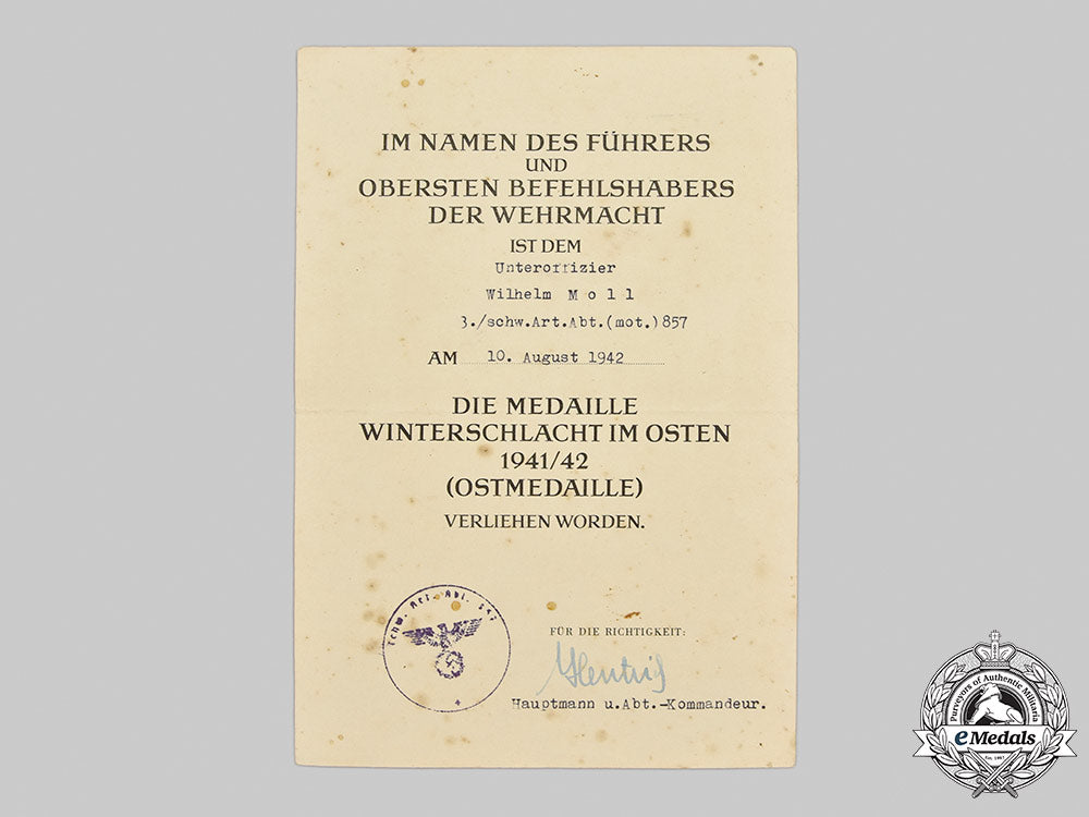 germany,_heer._a_pair_of_award_documents_to_unteroffizier_wilhelm_moll,_schwere_artillerie-_abteilung857_m21_506_1_1