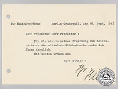 A Signed Reich Labour Service Thank You Card From Reichsarbeitsführer Konstnatine Hierl To Professor Dr. Morrel