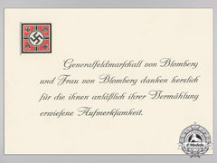 A Thank You Card From Generalfeldmarschall Von Blomberg & Frau Blomberg For Attendance At Their Wedding