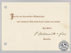 A Signed Thank You Card From District Leader (Gauleiter) And Frau Hellmüth Acknowledging